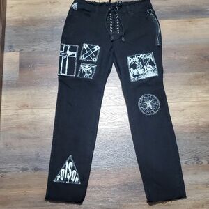 Dolls Kill Current Mood Black Straight Leg Jeans with Graphic Patches